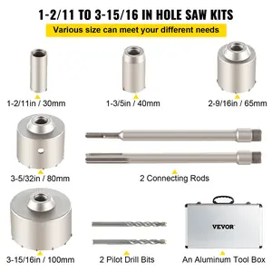 VEVOR Concrete Drilling Set, 1-2/ 11inch ,1-3/ 5inch ,2-9/ 16inch ,3-5/ 32inch ,3-15/ 16inch Drill Bit Combination SDS Plus & SDS MAX Shank Wall Hole Drilling Tool with 4-1/ 3inch Connecting Rod Suitable for Concrete, Cement, Stone Walls, Brick Walls