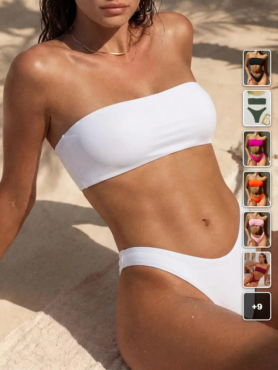 Bandeau Bikini Set Solid Color Strapless Sexy Beach Vacation Summer