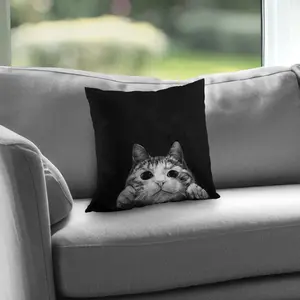 Begin Home Decor C1PT14149CJ2O9 14 x 14 in. Curious Cat Black Poly Twill Throw Pillow - Home Decor Insert