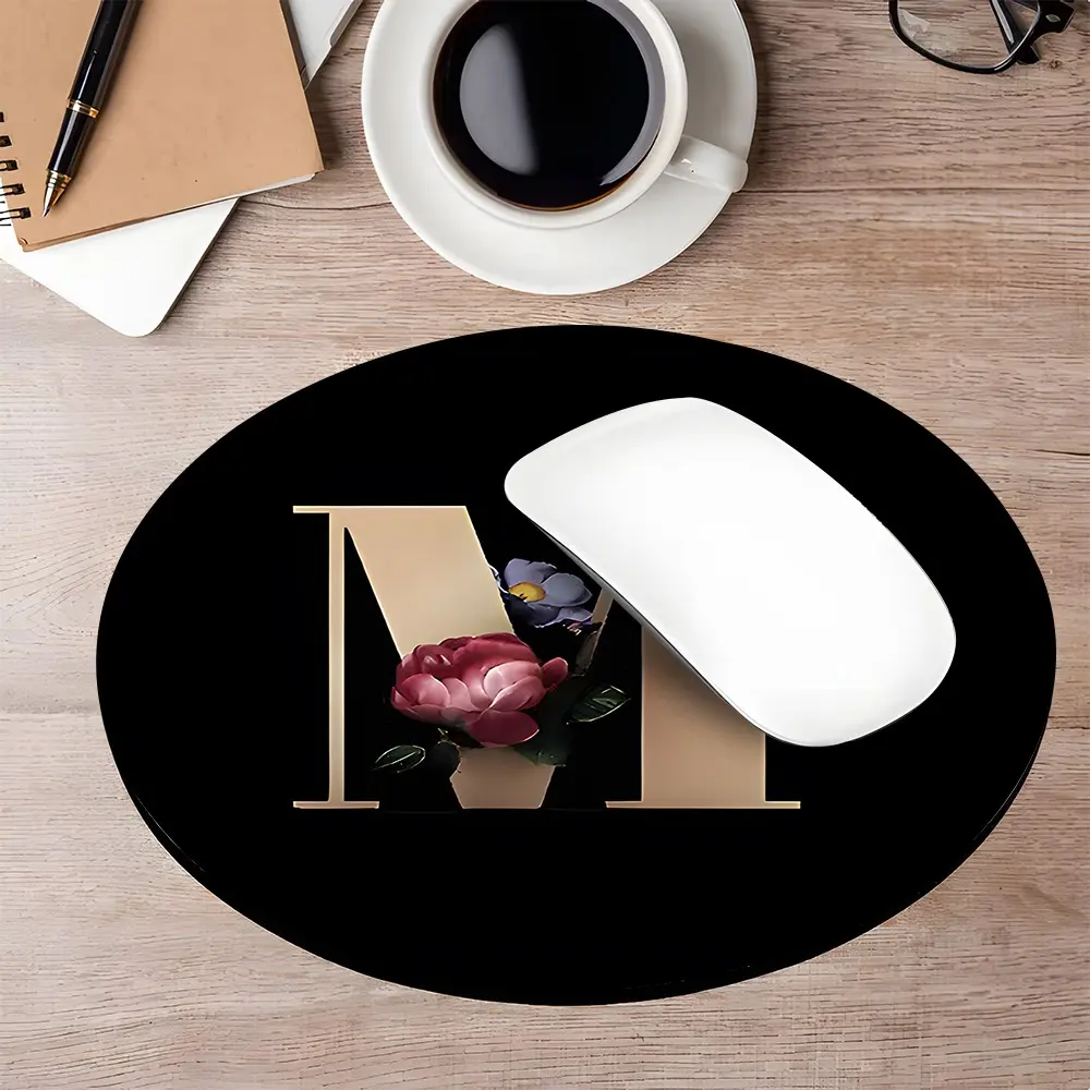 Black-Gold Letter M Floral Round Gaming Mouse Pad, Computer Mouse Pad, Light Luxury Desktop Decoration Protection Pad, Non-Slip Rubber Lock Edge Small Size Pad, Suitable For Laptops And Desktops, Ideal Light Luxury Personalized Gift For Family And Friend