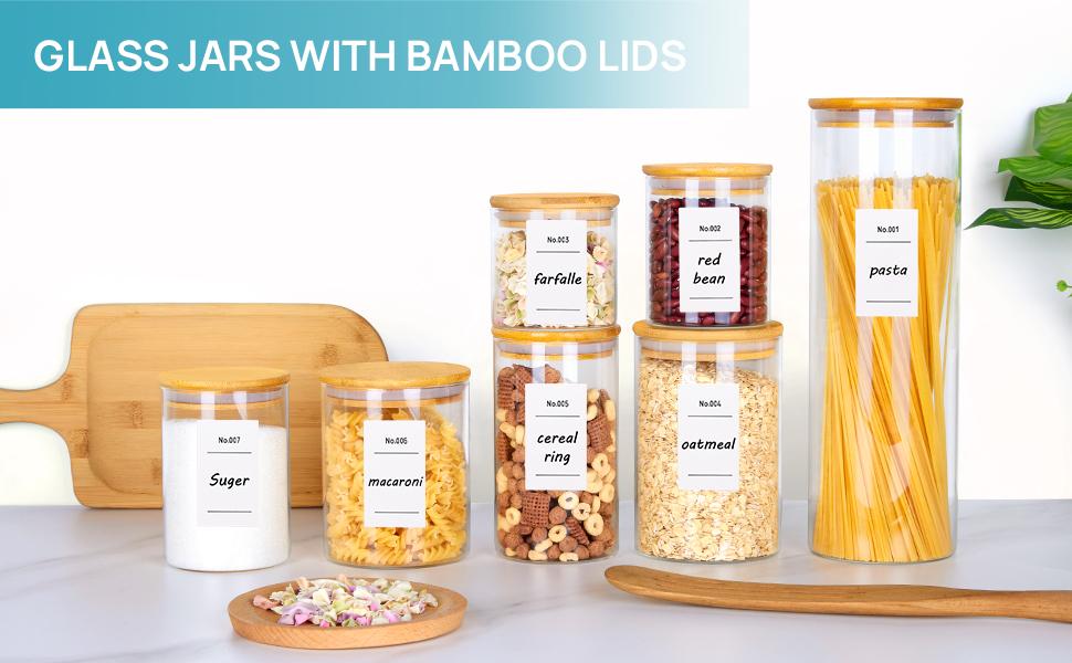 Glass Food Storage Jars, 7 Pack Kitchen Containers with Airtight Bamboo Wooden Lids for Pasta, Cookies, Nuts, Coffee Beans, Cereal, Canisters Set for Flour, Pantry Organization, BPA Free