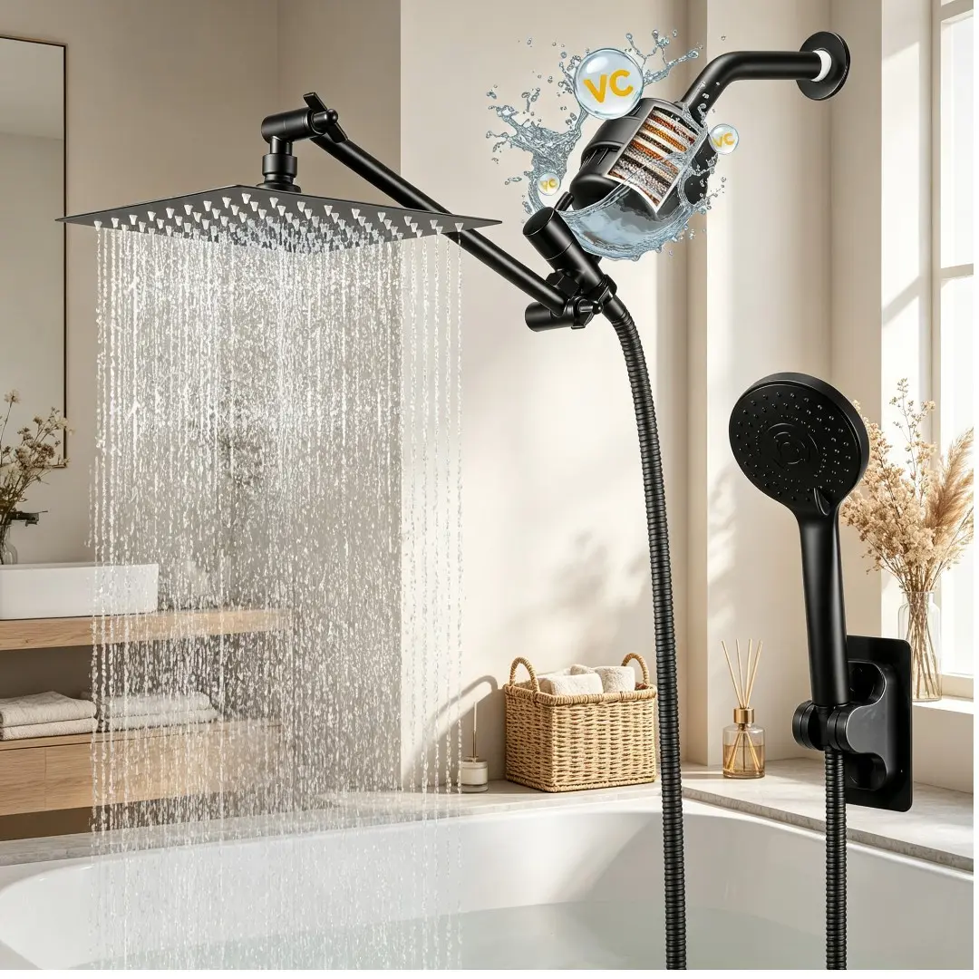 Shower Head with Handheld Combo,10-inch High-Pressure Shower with 11-inch Extension Arm, 20-Stage Filtration System, 3-Speed Adjustable Leak-Proof Shower Head Stand.