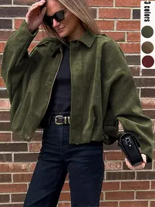 Ladies' retro suede jacket, bomber jacket, brand new regular style artificial leather long-sleeved single-breasted loose and casual short coat, with pockets and metal buttons, suitable for windproof jackets when going out in autumn and winter Outerwear