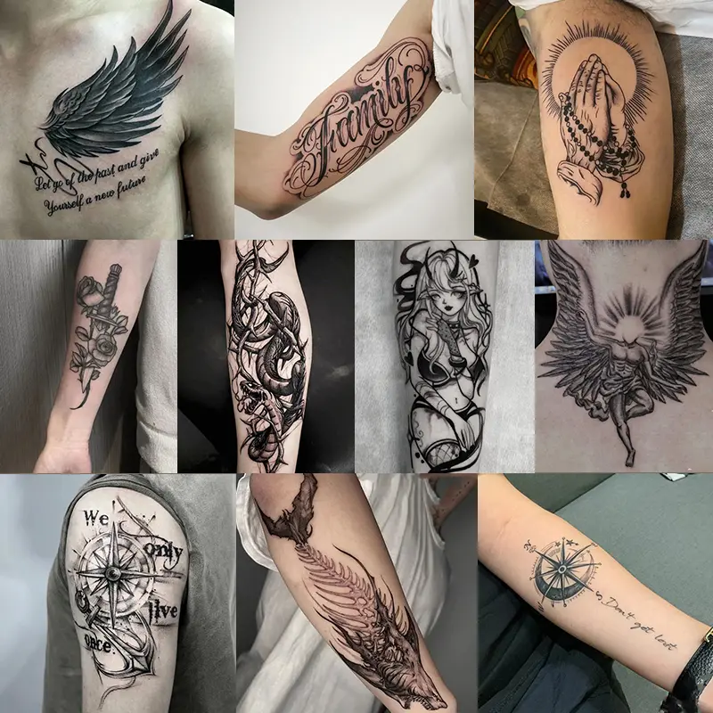 Herbal Temporary Tattoo Sheets - 10 Large Fake Skin Temporary Tattoos with 1 Prayer Hand Element + 5 Random Patterns, Waterproof, Anti-Friction, Realistic Look, Lasts 7-15 Days, Multiple Sheets
