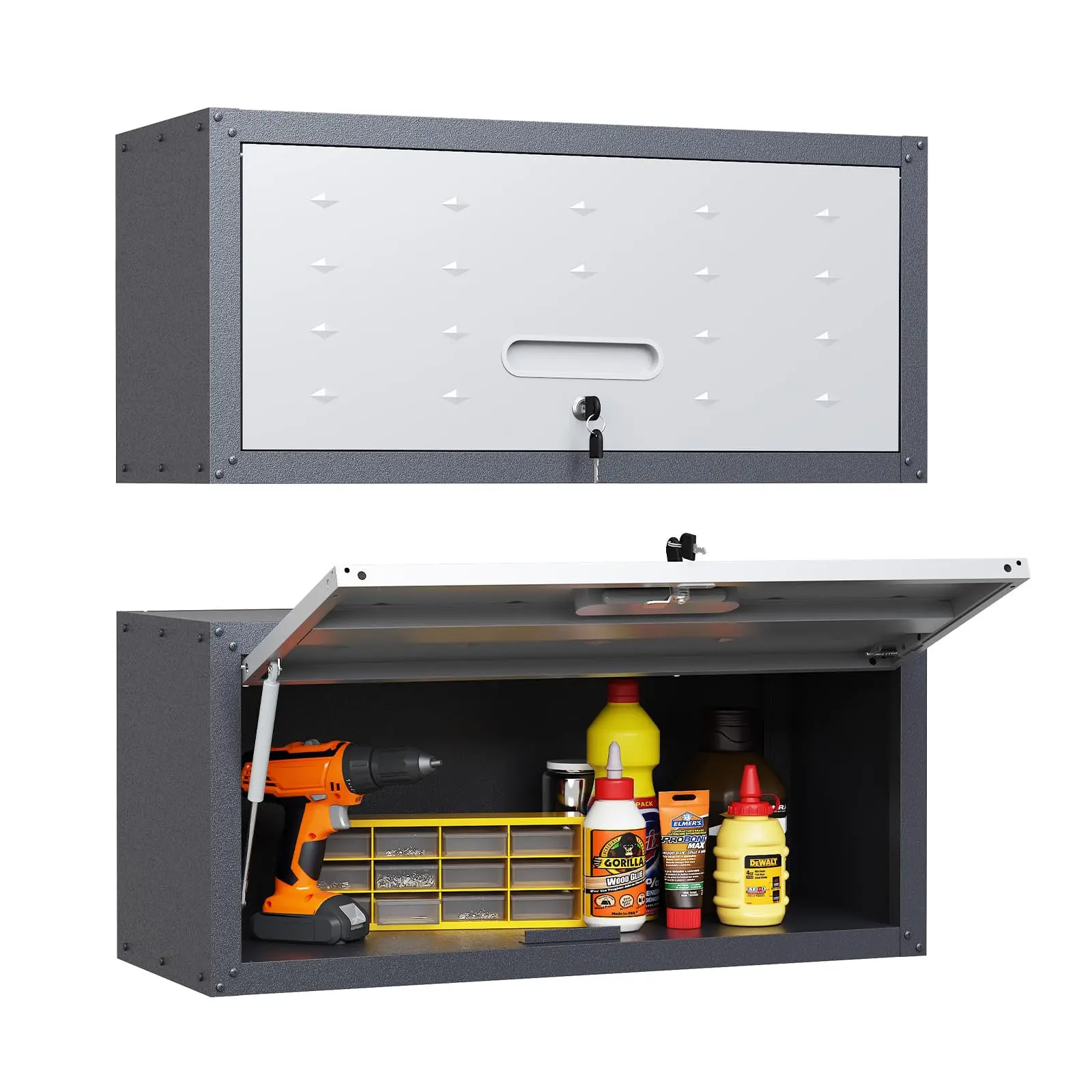 Wall Mounted Metal Tool Cabinet with Lock, Flip-Up Garage Storage Cabinet with Gas Struts, Heavy Duty Steel Wall Organizer for Workshop, Garage and Utility Room