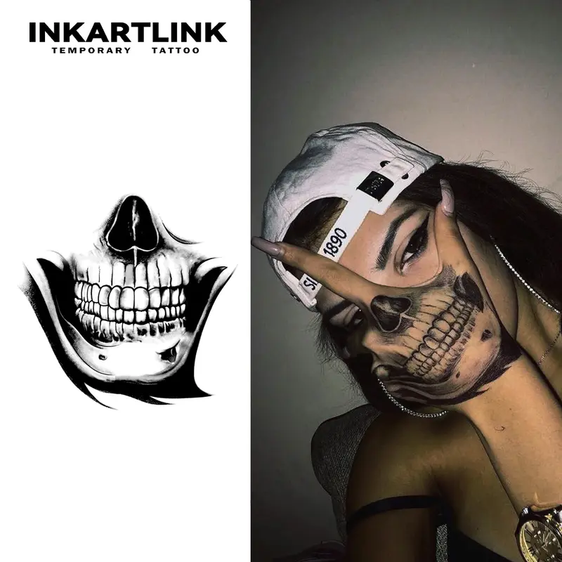 INKARTLINK Medium Semi-Permanent Fake Temporary Tattoos for Adults - 2 Sheets Skull Art, Waterproof, 1-2 Weeks Long-Lasting, Realistic Look, No Adhesive, No Reflection, Elegant, Suitable for All Skin Types