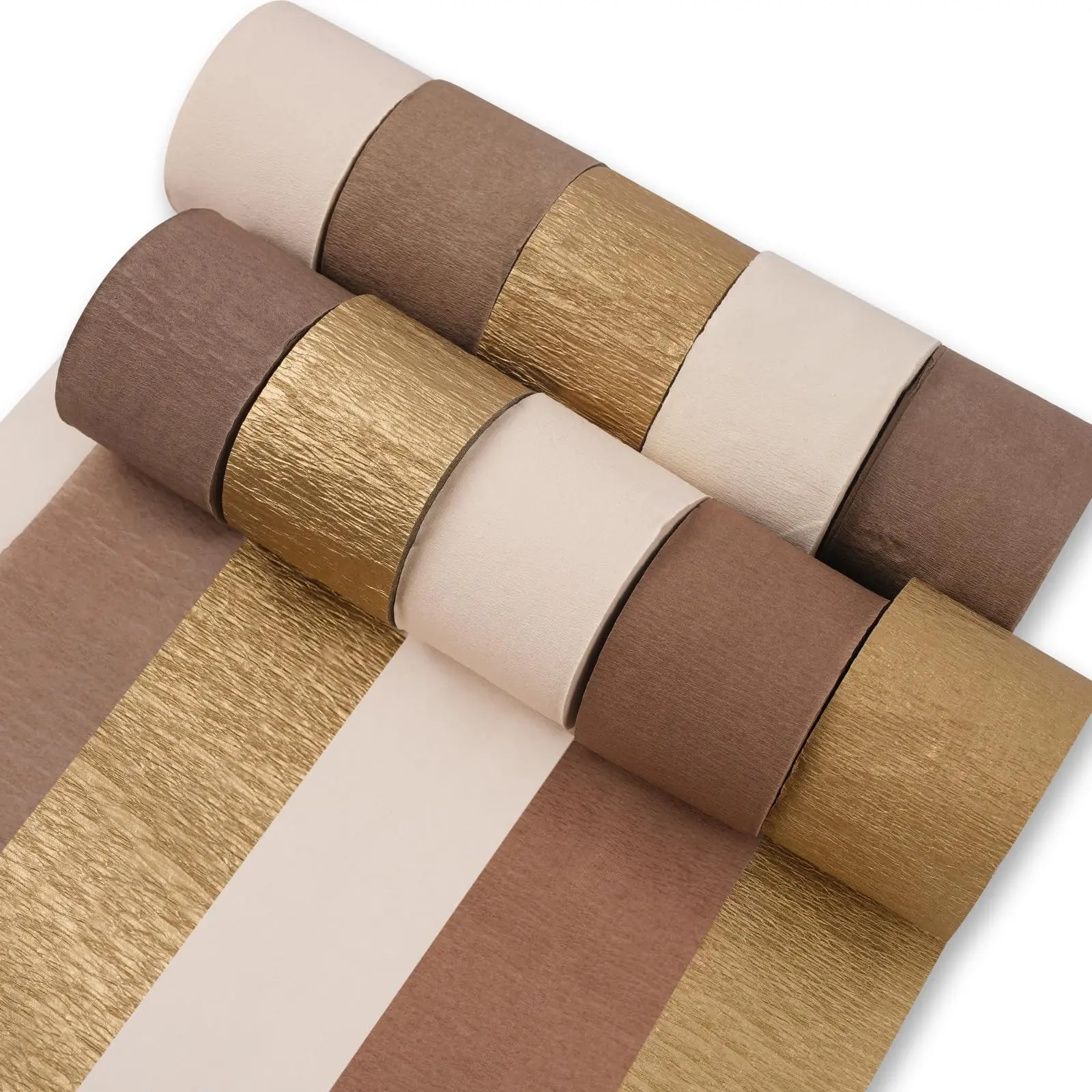 PartyWoo Thick Brown Crepe Paper Streamers Birthday Set - 10-Piece, 820ft, 1.8in Wide Boho Neutral Variety Party Pack with Metallic Gold, Sand, White Streamers for Birthday, Bridal Showers Decorations
