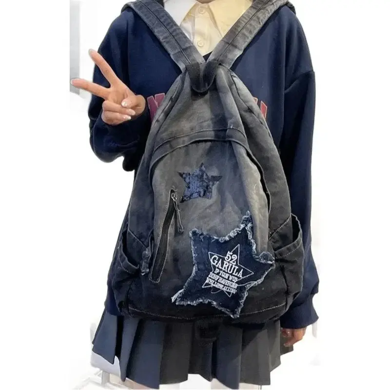 Y2K Korean Casual Denim Backpack Fashion Star Pattern Large Capacity Student Schoolbag Teenagers Vintage Punk Travel Book Bag