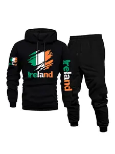 Men's Casual Fleece Hoodie & Pants 2-Piece Set, Ireland Print - Outdoor Activities, Daily Versatile & Breathable, Front Kangaroo Pocket, Fall & Winter Wear, Perfect as a Surprise Gift