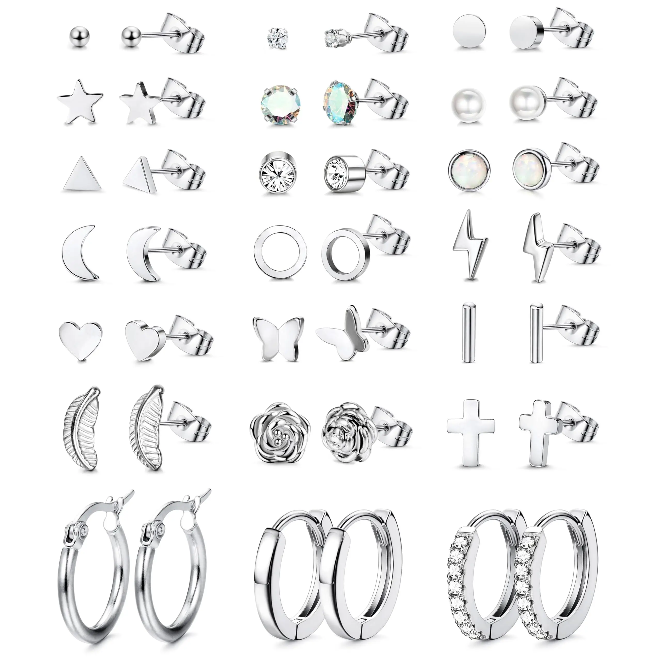 FASACCO 21Pairs Stainless Steel Earrings Hoop Stud Sets for Women Man Multiple Piercing Small Tiny Stud Earrings Small Huggie Hoop Earrings Piercings Dainty Jewelry Summervibes