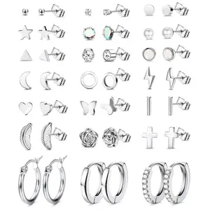 FASACCO 21Pairs Stainless Steel Earrings Hoop Stud Sets for Women Man Multiple Piercing Small Tiny Stud Earrings Small Huggie Hoop Earrings Piercings Dainty Jewelry Summervibes