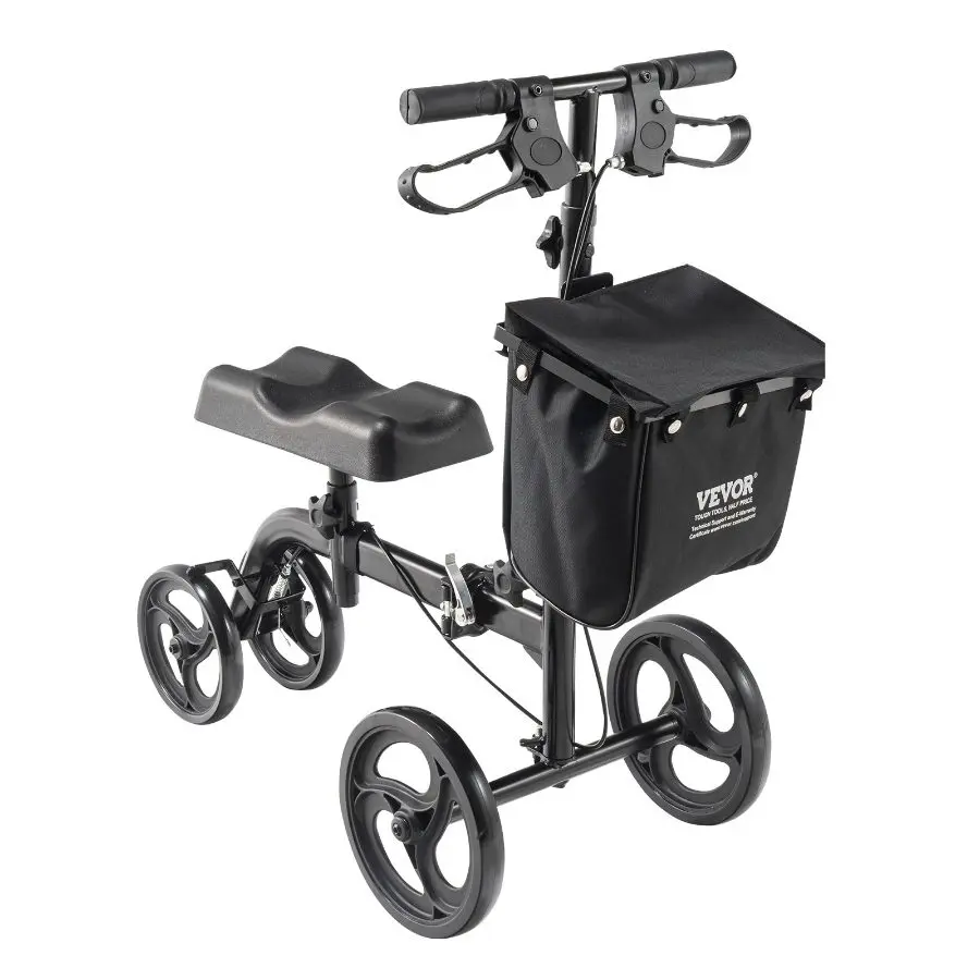 VEVOR Folding Carbon Steel Knee Scooter with Folding Frame, Steerable Walker, Adjustable Handlebar Height, Height-Adjustable Knee Pad, All-Terrain Solid Wheels, Dual Brakes, Leg Recovery Aid for Broken Ankles