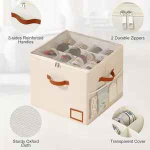 3-Pack Square Closet Organizers, Foldable Dustproof Shoe Storage Bins with Reinforced Handles & Adjustable Design, Modern Space-Saving Solution for 24-48 Pairs, Beige