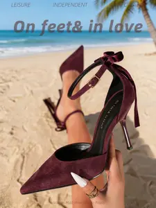 New Spring Summer Women's Chocolate Brown Faux Suede Ankle Strap Bow Decor Heels | Pointed Toe Stiletto D'Orsay High Heel Sandals | Maillard Style Old Money Quiet Luxury Walkable Heels | Women's Lace-Up High Heel Sandals for Office Work, Date Night, Weddi