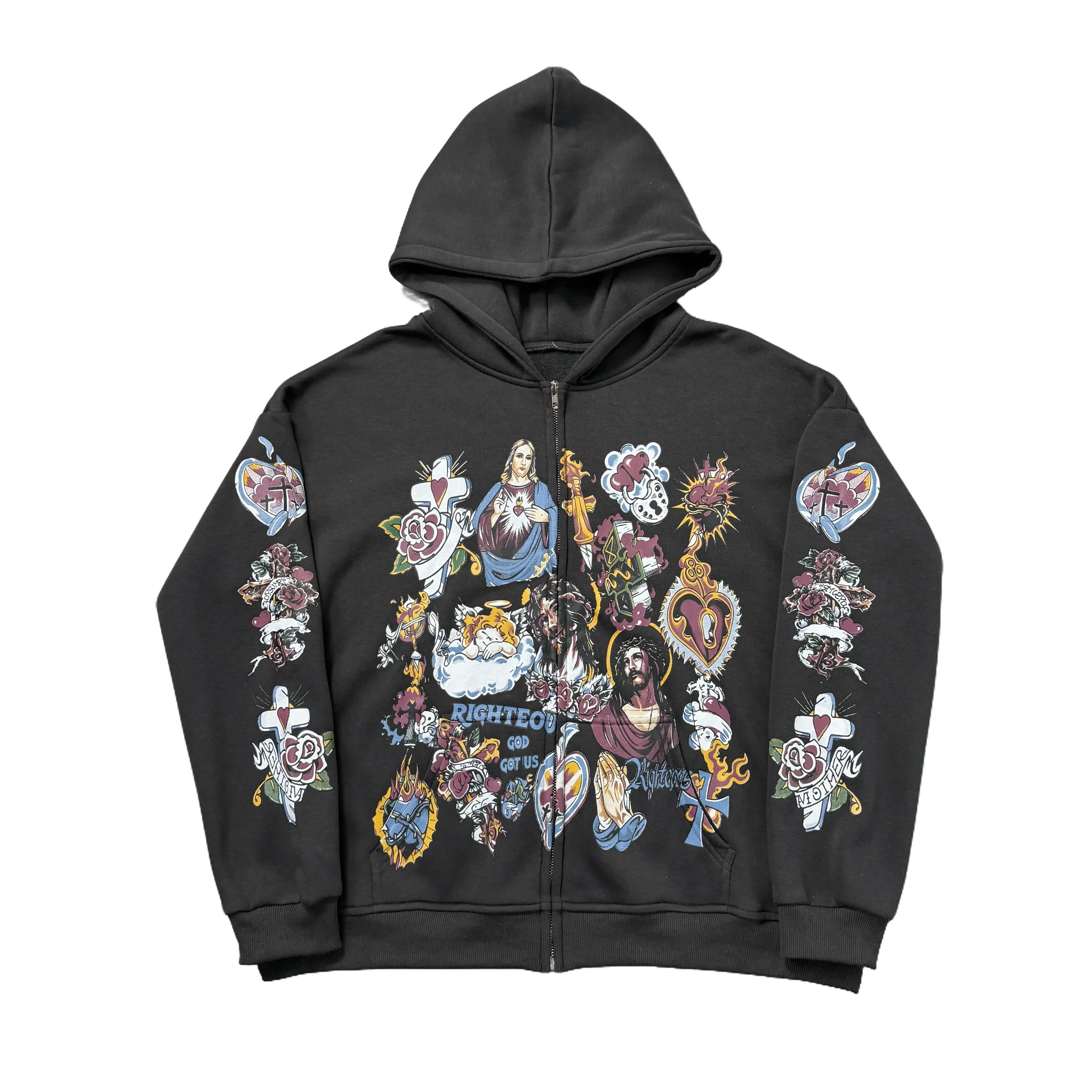 Unisex Y2K Vintage Religious Tattoo Print Zip Up Hoodie | Acid Wash Oversized Streetwear Sweatshirt Long Sleeve