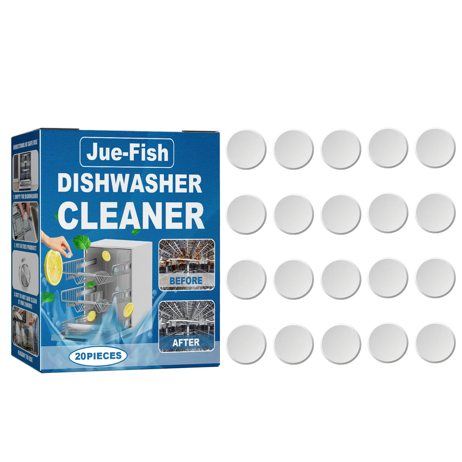 Dishwasher Solid Cleaning Tablets, 20 Pcs Pack, Household Cleaner for Countertop & Built-in Drawer Dishwashers, Effective for Dirt & Grease Removal, Supports Countertop Clean, Solid Tablets, Box