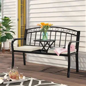 Stainless Steel Outdoor Bench with Pull-Out Middle Table, 2 Seat Metal Garden Bench with Cushions, Patio Porch Backyard Deck