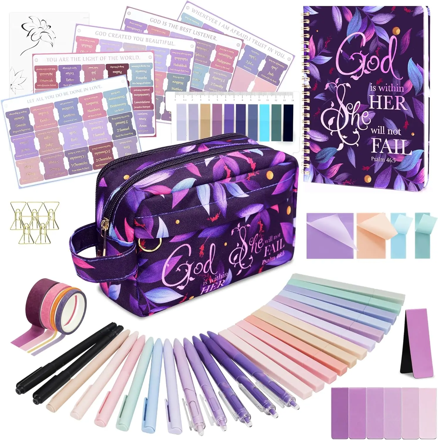 48 count  Study Supplies for Women,  Journaling Kit Includes  Pencil Case, Tags, Pens, Highlighters, 4 Color Clear Sticky Notes, Notebook, 15 Clips, 4 Rolls of Washi Tape & More (Purple)