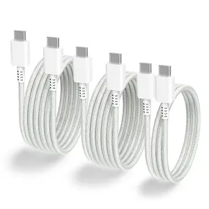 USB C to USB C  60W 3-Pack 3ft/6ft/6ft, Type C Nylon Braided  Cord for  17/16/15 Plus Pro Max, iPad, Galaxy, , and  - White