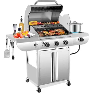 R.W.FLAME 3-Burner Propane Gas Grill with Side Burner – 34,000 BTU Stainless Steel Outdoor BBQ Grill, Cast Iron Grates, Portable with Wheels for Patio, Camping