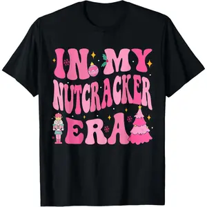 Groovy Christmas Pink Nutcracker Ballet Vintage Nutcracker T-Shirt, 100% Cotton, Single Side Printed, Black Short Sleeve T-shirt, 1 pc, Christmas Halloween Thanksgiving Gift