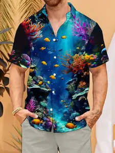 Men's Tropical Hawaiian Button Down Shirt with Undersea Print, Soft Skin-Friendly Material for Casual and Vacation Wear, Short Sleeve Fitted Style，Limited-time offer, fast shipping.
