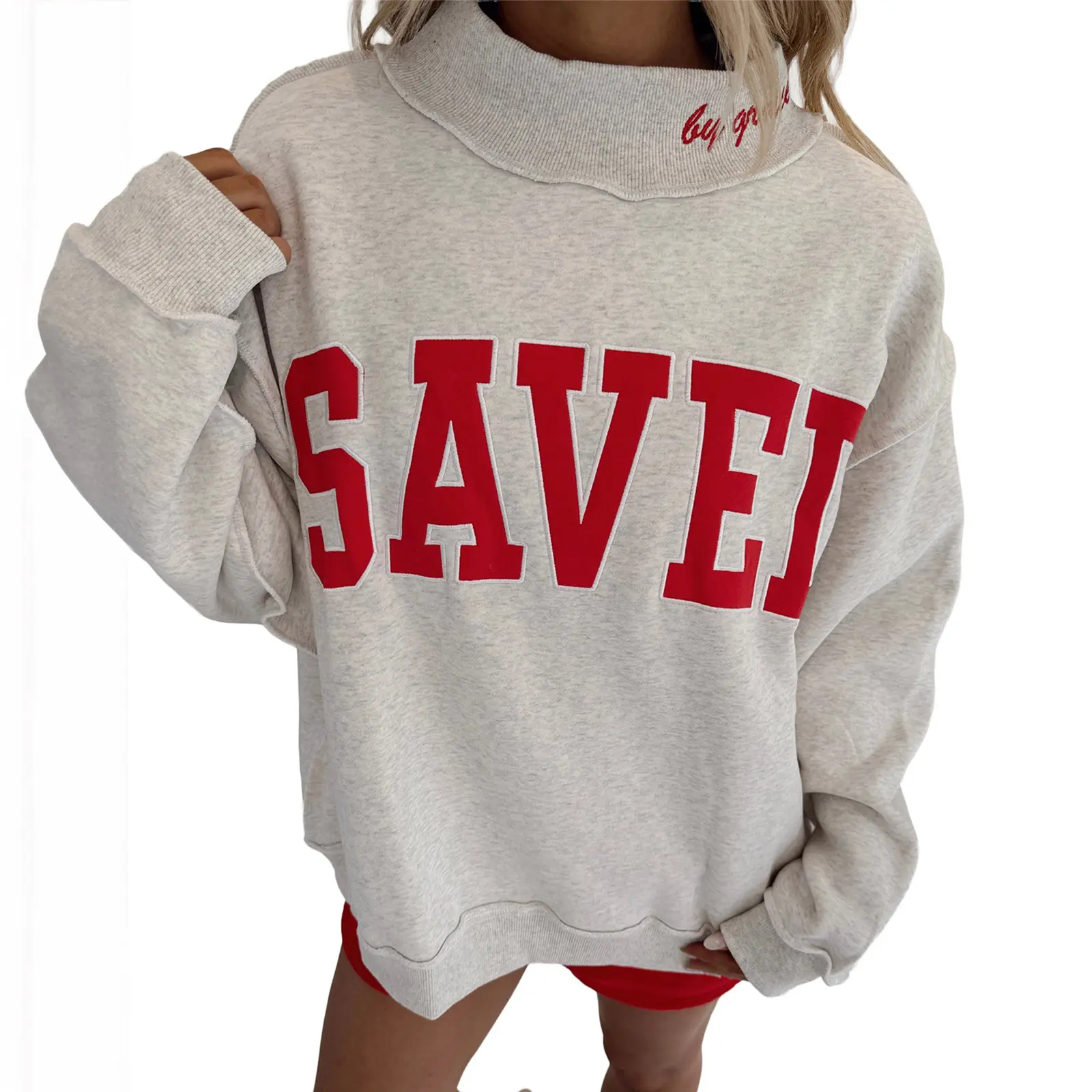 Women's Saved By Grace Graphic Sweatshirt - Lady's High Neck Longsleeves Christian Clothing, Casual Loose Letter Patch Pullover Tops for Women, Daily Wear