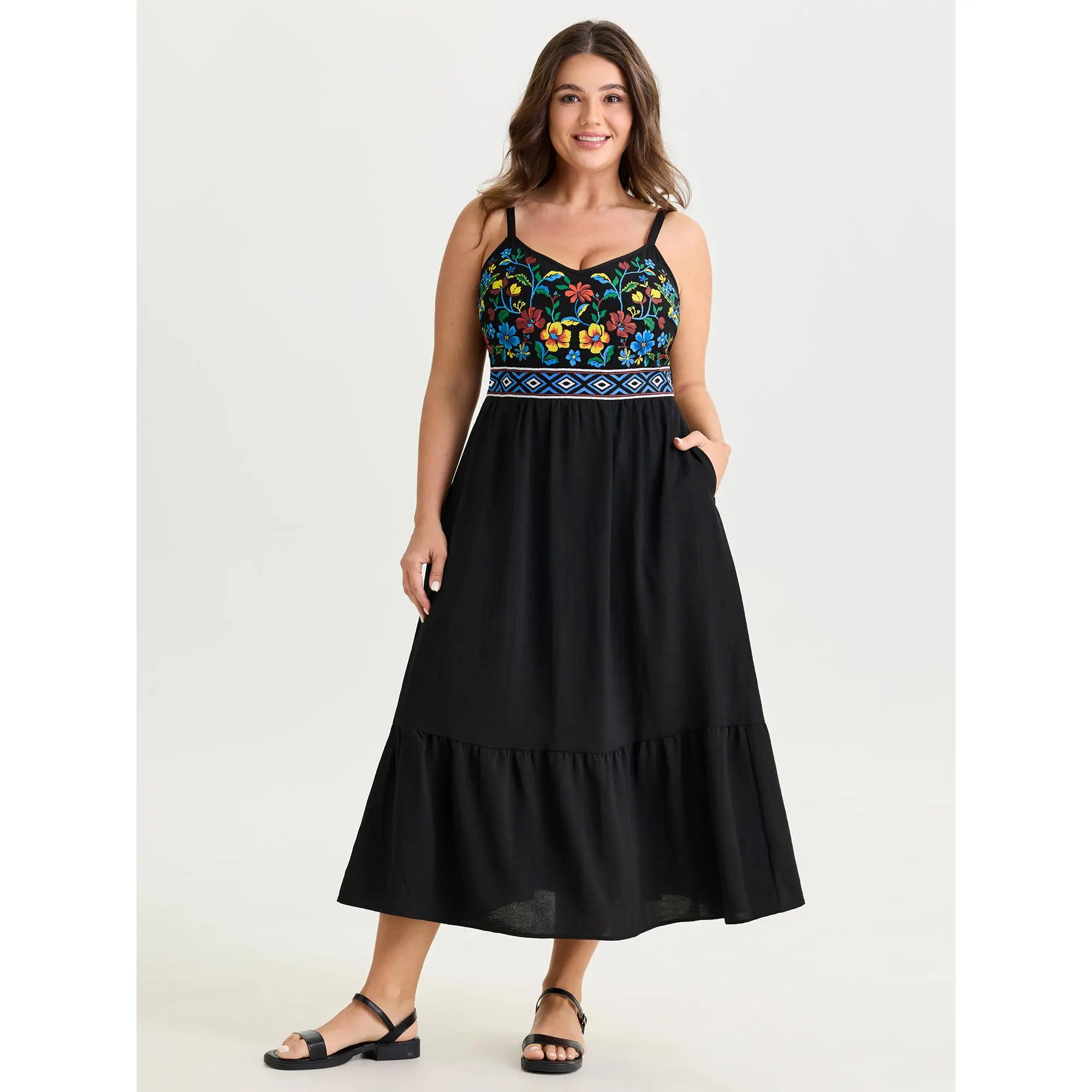 BloomChic Women's Plus Size Floral Print Midi Dress, a Playful Summer Garment with a Tummy-Flattering Fit, Lace-Up Detail and Pockets, Polyester, Casual Wear, Curvy Clothing, Curvy Figure Casual Dresses, Smooth, Fabric, Lady, Low Iron, Plus Size Clothes,,
