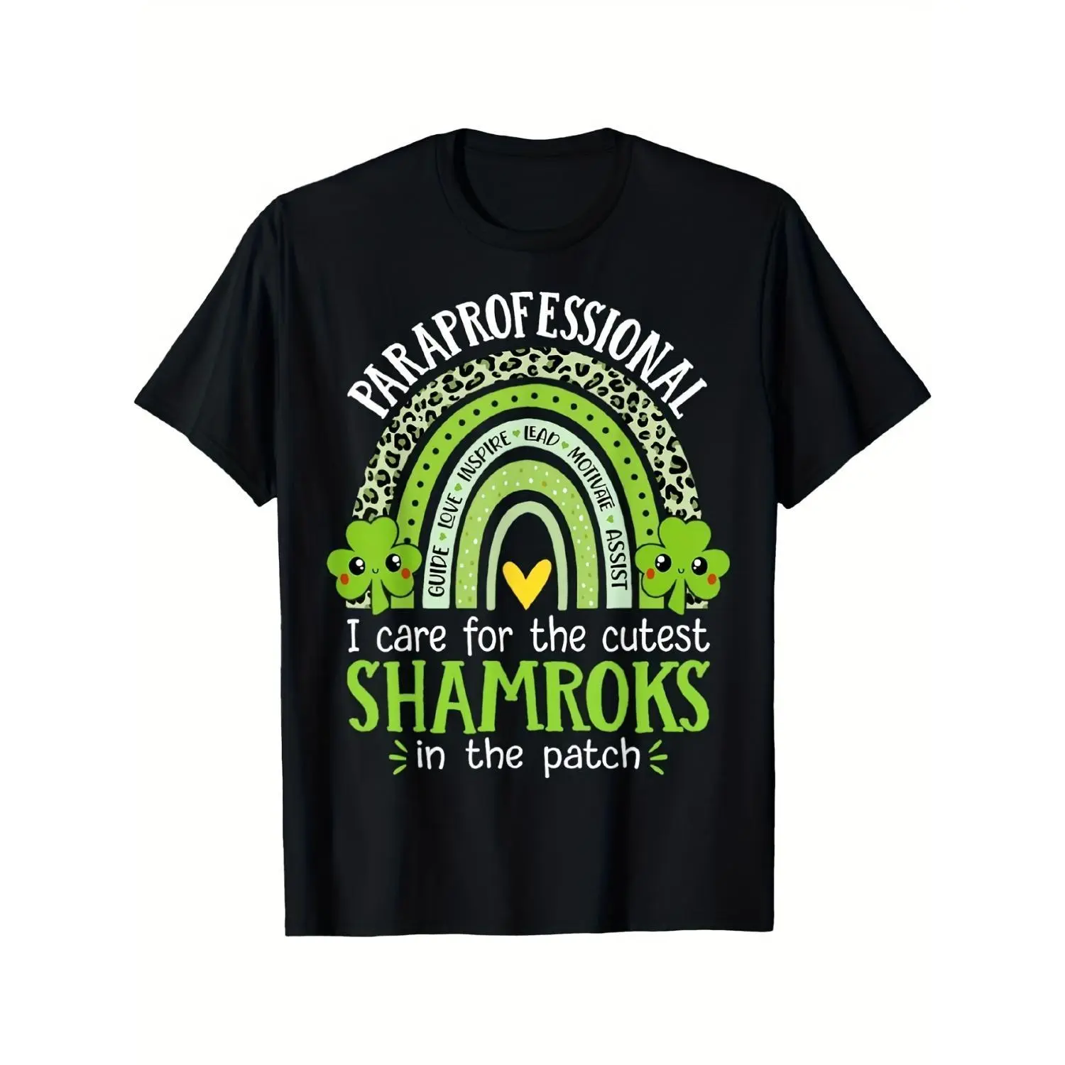 Men's Casual Short-Sleeve Round Neck T-Shirt - Paraprofessional Teacher Top, Black with Green & Yellow, Rainbow Graphic, "I Care for the Cutest Shamrocks" Print, Soft Crew Neck, Easy-Care Machine Washable