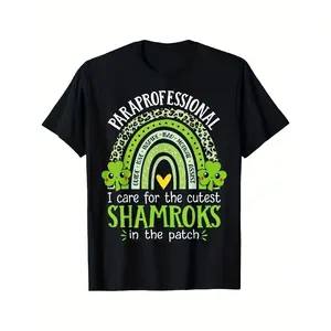 Paraprofessional Shamrock Teacher T Shirt with Rainbow Graphic and I Care for the Cutest Shamrocks Print in Black with Green and Yellow Features Soft Crew Neck and Easy Care Machine Washable