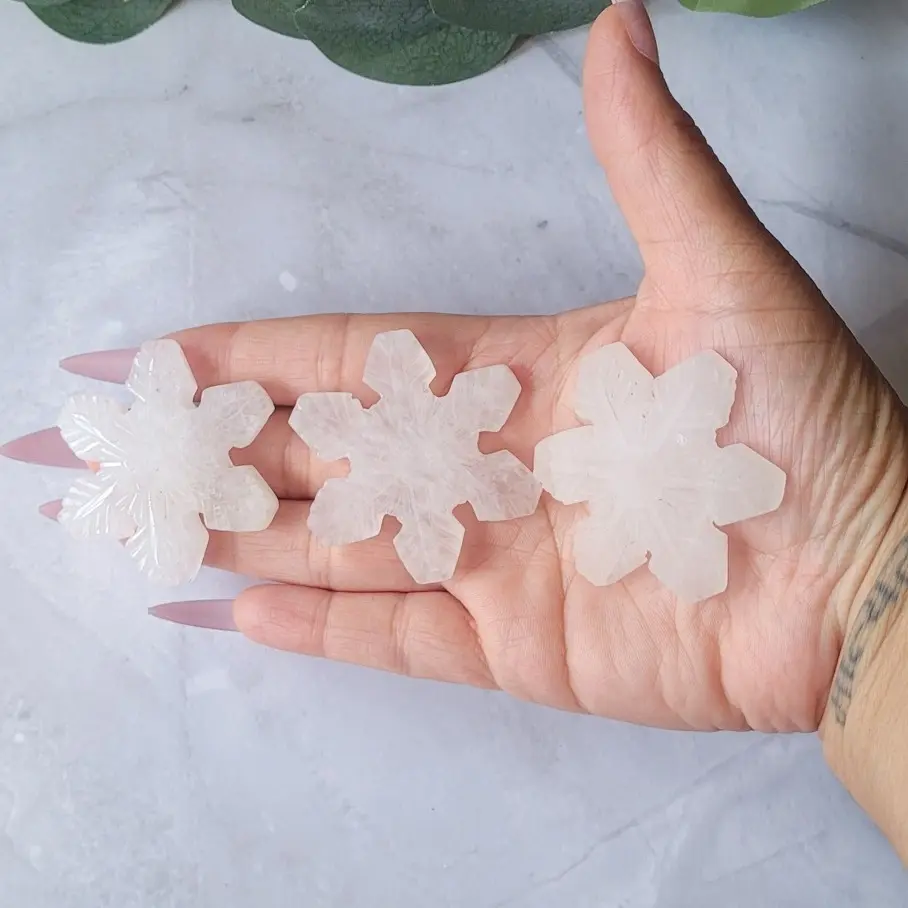 Selenite Crystal Snowflake Carving, Holiday Decor