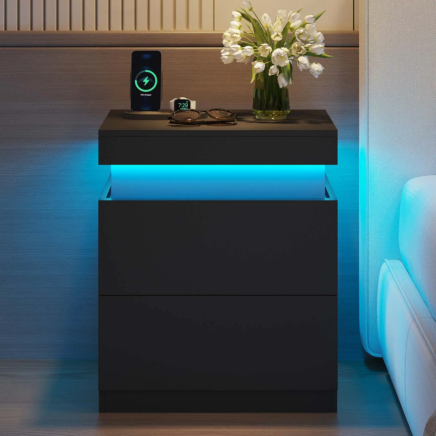 SIKAIC Black Nightstand - Modern Bedroom Furniture, 2-Drawer Bedside End Table with Sliding Top Drawer Design, Charging Station, LED Lights, Assembly Required, Mobile App Compatibility