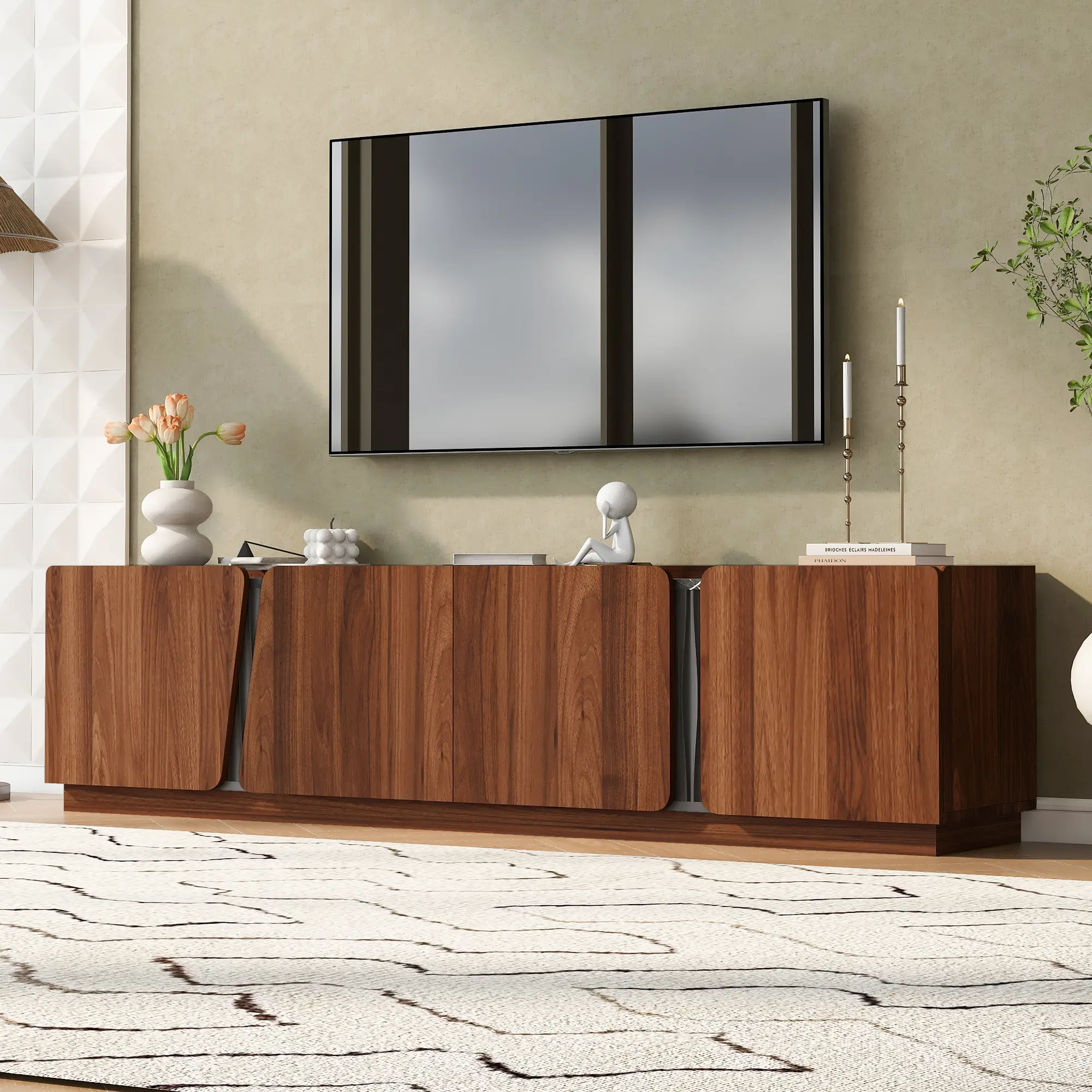 Mid-Century Modern TV Stand Storage Cabinet | Marble Top & Adjustable Shelves for Living Room Bedroom Entryway, 75” TV Compatible, Tiger Color mount wood modern entertainment center door design