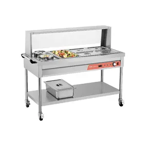 1800W Commercial Electric Cooking Steamer Table Food Warmer, Stainless Steel Server with 5 Stainless Steel Pans, 2 Pots, Shielded Shelf, Undershelf Wheels for Restaurants, Parties