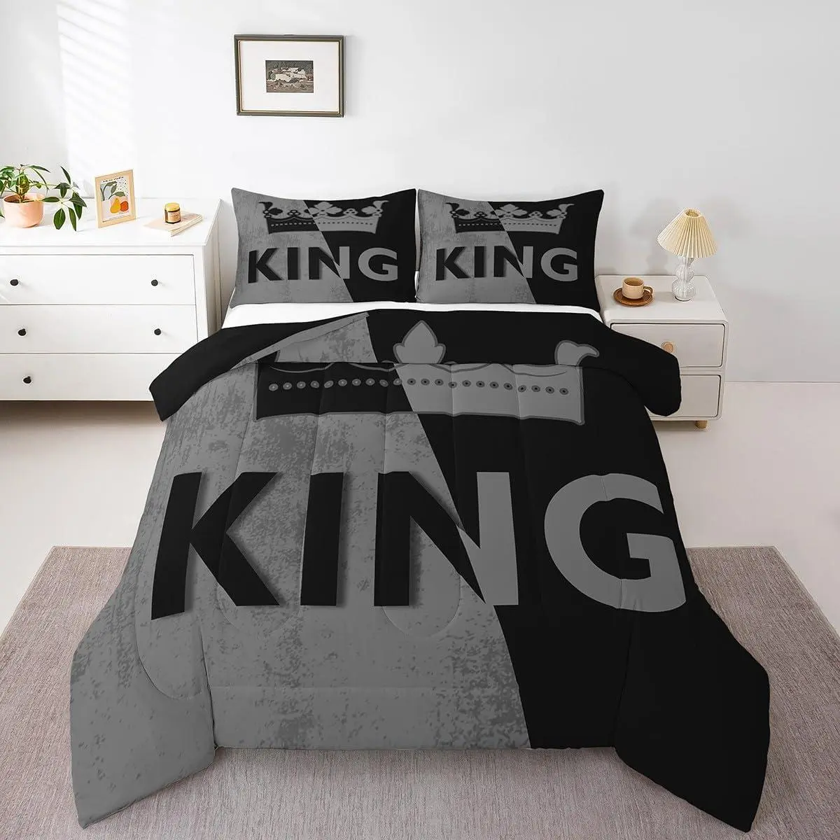 Crown Comforter Set,Vintage Black and Gray Down Comforter,Romantic Valentine's Day Bedding Set,for Girls for Women,Couple Gifts for Him and Her