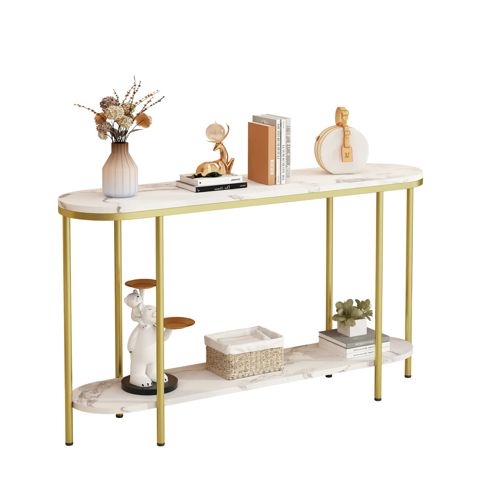 Modern Console Table - 2-Tier Oval Narrow Indoor Furniture, White Faux Marble Top, Gold Metal Frame, Open Storage Shelf, 42.1"×11.4"×30.5", Assembly Required, for Entryway, Living Room
