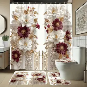 Modern Fashion Flower Pattern Bathroom Set, Includes Shower Curtain and Rug, Non-Slip Bath Mat, U-Shaped Toilet Lid Cover Pad, Bathroom Accessory