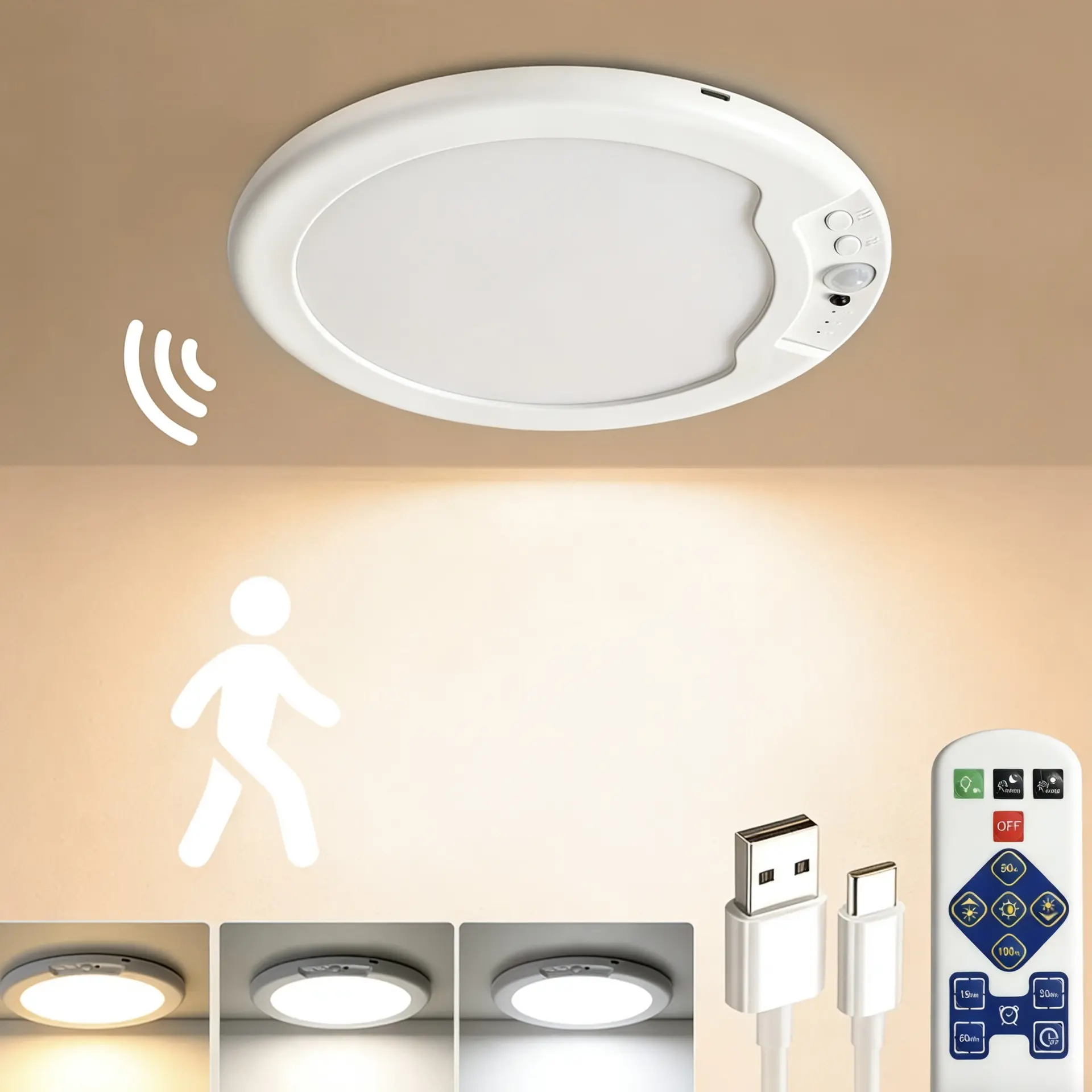 Rechargeable Motion Sensor Ceiling Light with Remote 7.5inch- Magnetic Wireless Ceiling Light Battery Powered for Closet Shower Stairs Shed Hallway Porch Patio ect, No Wiring Cordless LED Ceiling Light Overhead Lighting Closet Hallway Waterproof Inside