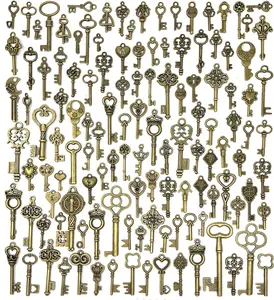 125 PCS Vintage Skeleton Key Set Charms, Mixed Antique Style Bronze Brass for Pendant DIY Jewelry Making Wedding Party Favors