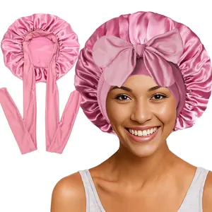 Elastic Ribbon Satin Round Hat Pink Unisex Solid Color Imitation Silk Sleep Cap Wide Brim Turban Hat One Piece Breathable Shower Cap High Quality Outer Seam
