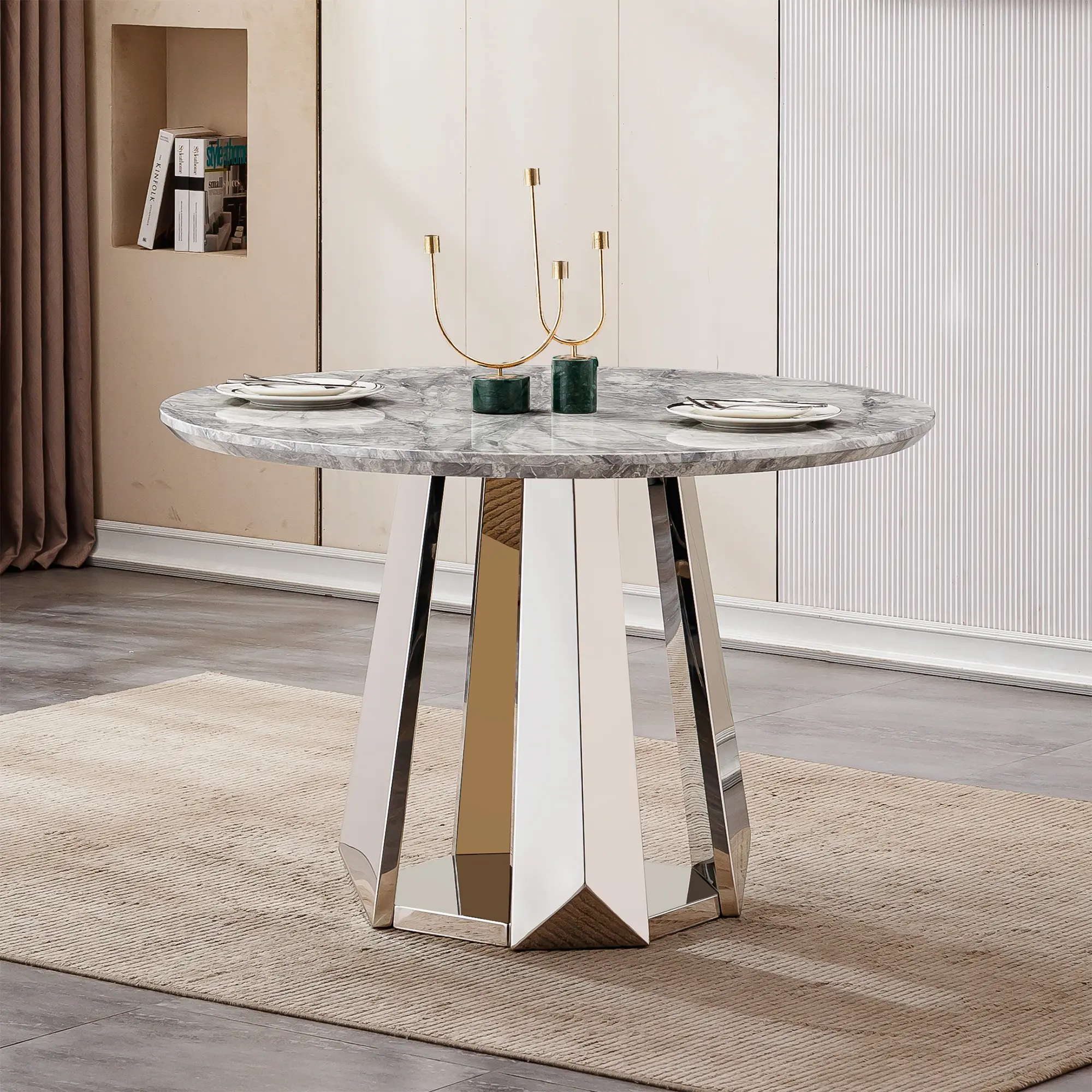 47" Round Marble Dining Table for 4-6 Persons, Modern Kitchen Table with High Gloss Faux Marble Top, Stainless Steel Base, Silver/Gray Options, Compact Space-Saving Design for Dining Room, Kitchen, Living Room, Easy Assembly, Living Room Table f
