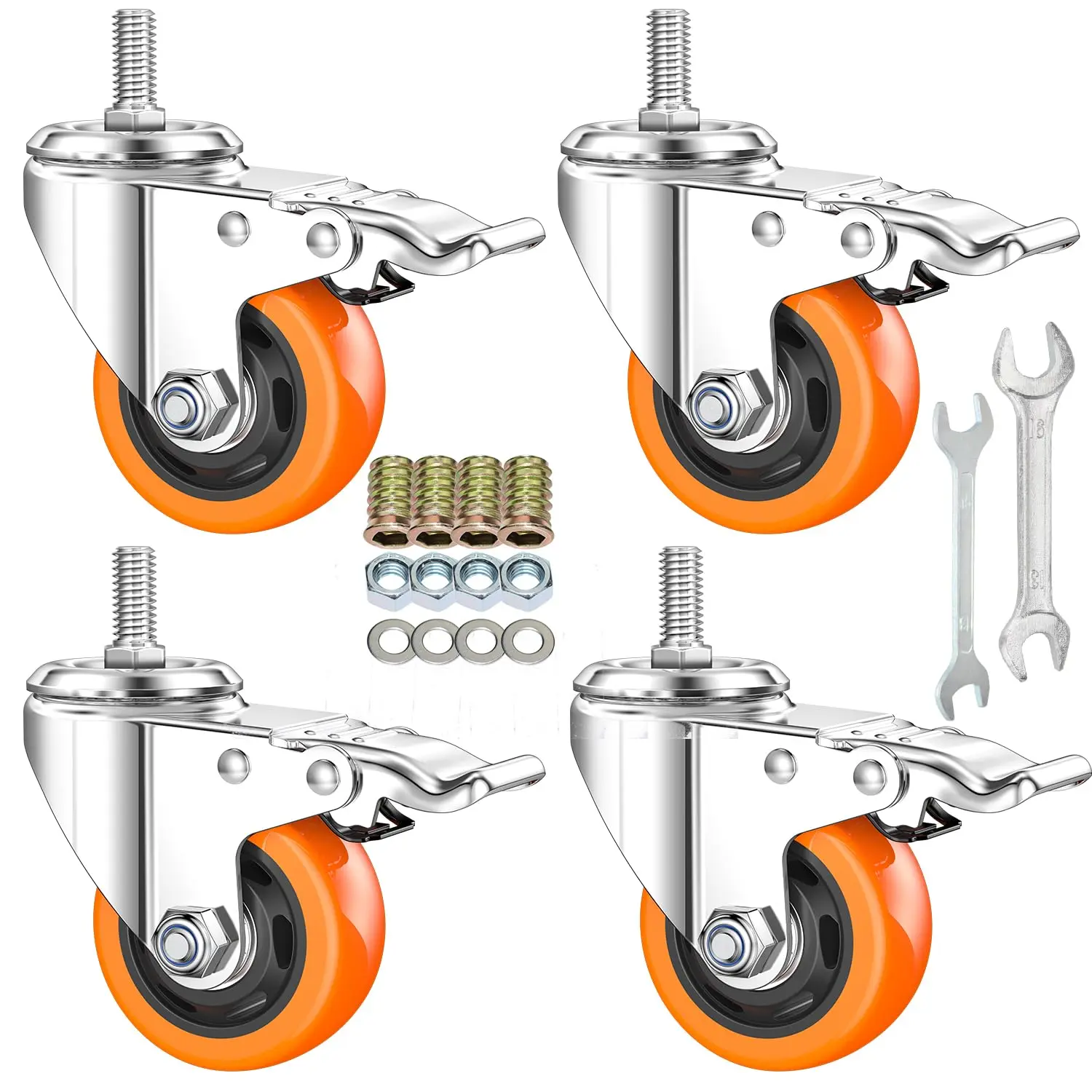 Stem Casters Heavy Duty Swivel Threaded Caster Wheels With 3/8"-16 X 1 Thread Dual Locking Set Of 4 (3 Inch  Brake)