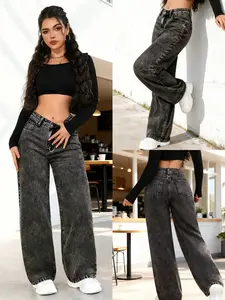 New Women's Elastic Loose Wide Leg Straight Jeans, Acid Wash Light Blue Belly Control Casual Long Pants with Pockets, High Waist Comfortable Denim