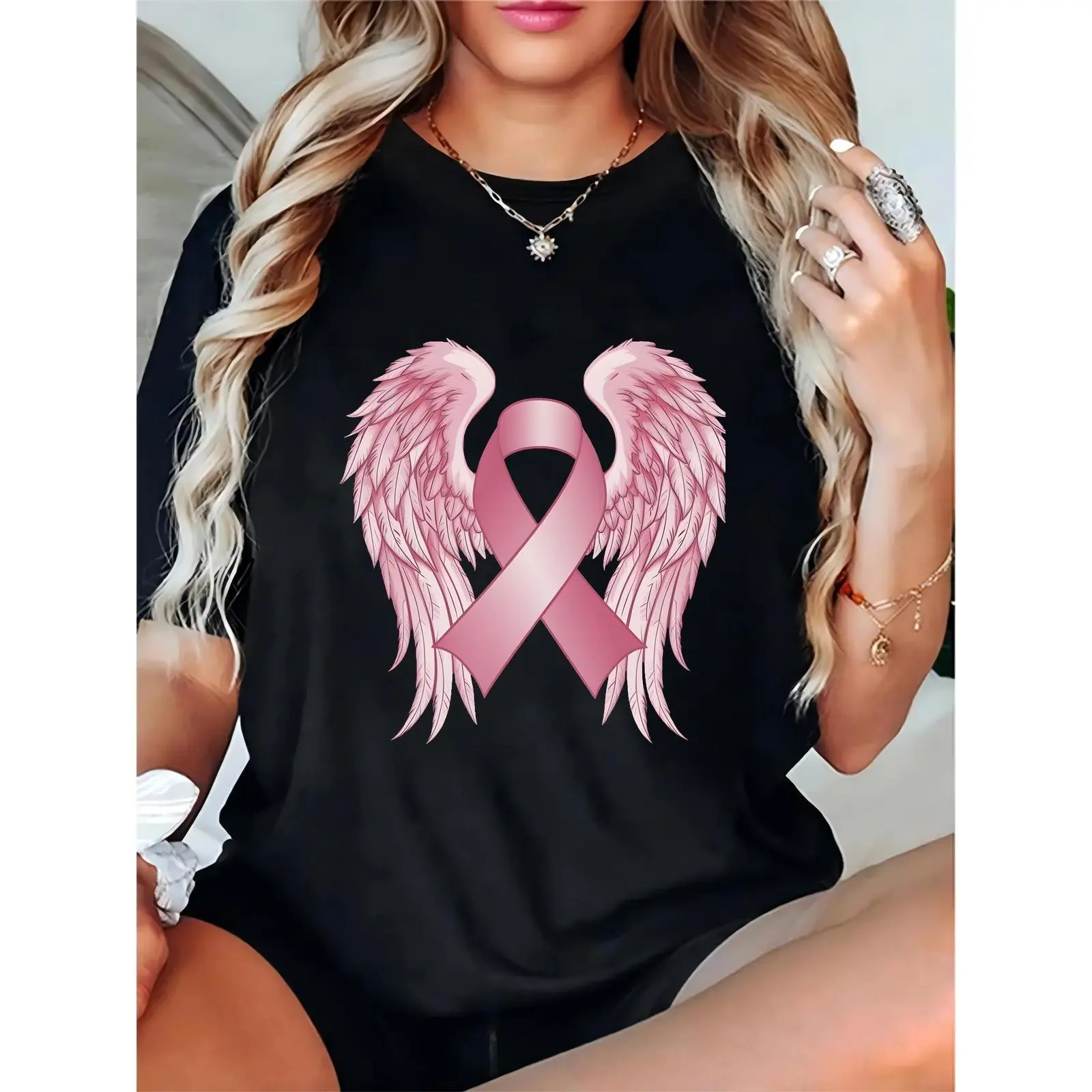 Women's Crew Neck Short-Sleeve Lightweight Breathable Cotton Black Tshirt - with Pink Breast Cancer Awareness Ribbon & Angel Wings, Casual Supportive Top for Campaigns, Daily Wear, Fit, Graphic, Comfortable, Shortsleeve, Round Neck, Relaxed Fit