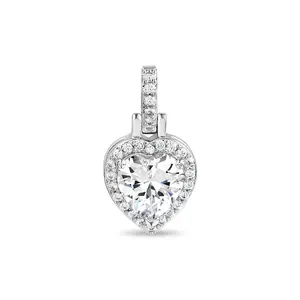 GLD Micro Iced Diamond Heart Pendant White Gold Plated 1/4" x 3/4" with Large Heart Stone and Round Cut Stones for Unparalleled Shine - Perfect Gift