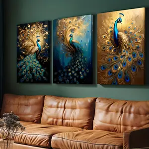 2D Flat Triptych, 3-Piece Golden Peacock Framed Canvas Wall Art - Luxurious Modern Style, Suitable for Bedroom and Living Room Decoration, Comes with Hanging Accessories, Elegant Peacock Painting, Suitable for Home Office and Bathroom - Can be used as a g
