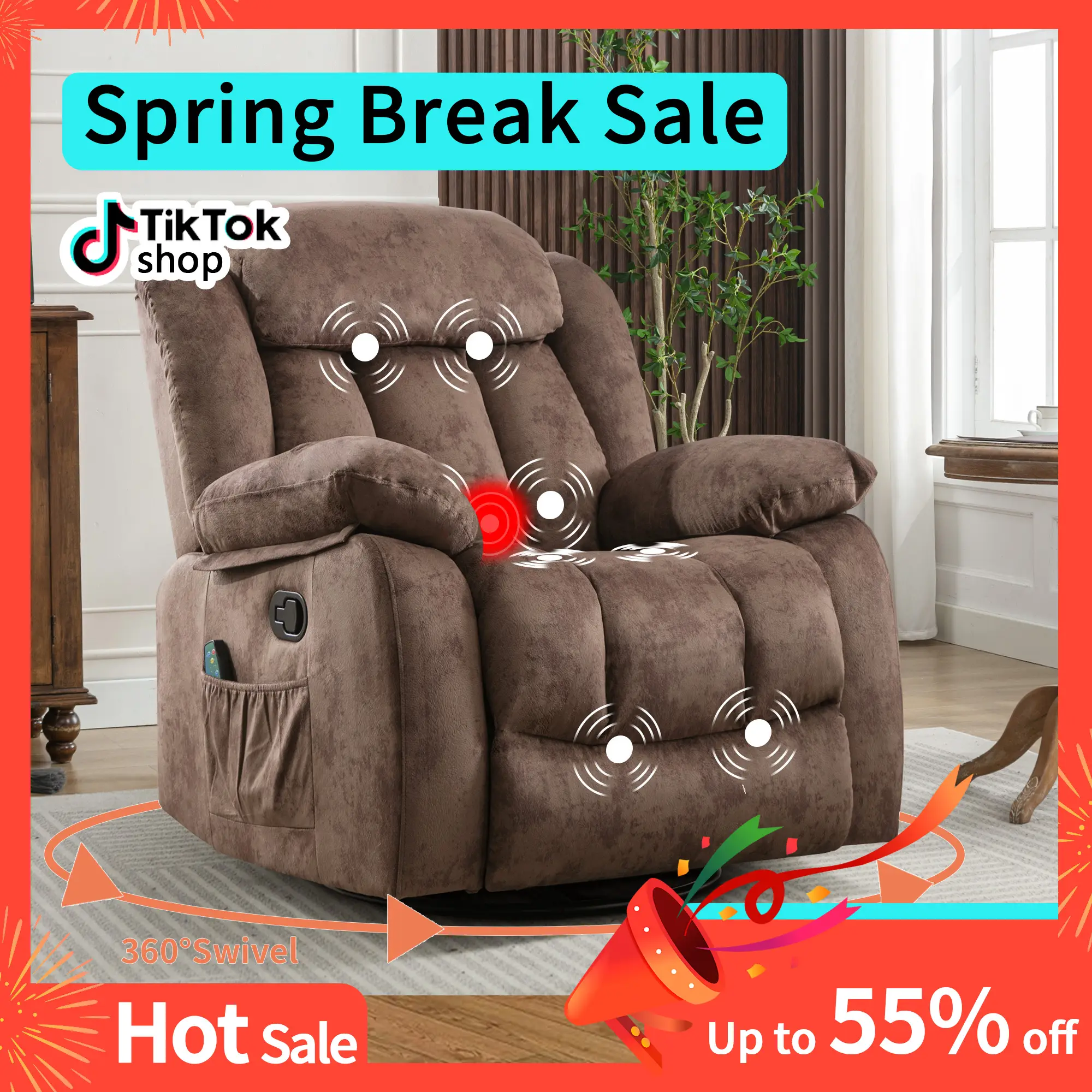 【Spring Break Sale] Ebello 38" Wide Soft Fabric Overstuffed Manual Recliner with Massager and Heat, with Comfortable Arms and Back, Single Recliner So