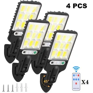 Solar Powered LED Street Lights 4 Pack with 120 LEDs IP65 Waterproof Motion Sensor Outdoor Flood Lights for Yard Garage Pathway Garages Backyards Front Yards Heavy-Duty Waterproof Lighting Solution for Home Outdoor Areas Adjustable Flood Lamp