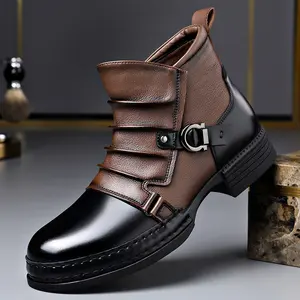 Men's Vintage Two-Tone Work Boots, Buckle Work Shoes High-Top Casual Ankle Boots