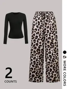 "2-Pack Black Long-Sleeve Top + Leopard Print Wide-Leg Pants | Slim-Fit Tee + Bold Animal Print Bottoms – 2025 TikTok Viral Y2K Aesthetic! Comfy Relaxed Fit, Versatile Mix-Match Style 🔥 Perfect for #OOTD, #BaddieOutfits, #RetroVibes. Stylish for Brunch,